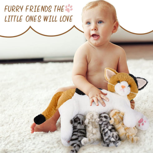 Nurturing Cat Stuffed Animal with Plush Kittens, Mommy Cat with 4 Baby Cats for Birthday Party Favors Gifts