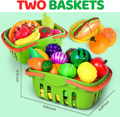 100 PCS Cutting Play Food Toy for Kids Kitchen, Pretend Food Toys with 2 Baskets, Birthday Gifts for 3-6 Years Old
