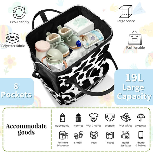 Honeybaby Backpack 19L Diaper Bag for Mom & Dad Cow Print Style Large Diaper Bag Tote with Multi-Pocket, Portable