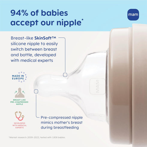 6oz 0+ 3 Pack MAM Premium Glass Wide Neck Baby Bottle with Slow Flow Breastfeeding-Like Silicone Nipple, Easy