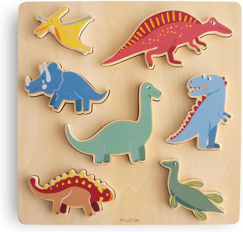 mushie Wooden Dino Puzzle - 7 pcs for Kids 3 Years+, Preschool Educational & Toddler Montessori Toys
