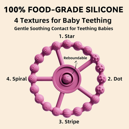 5 Pack 4 0-6 6-12 Stylish Silicone Baby Teething Toys: Teething Rings and Extra Silicone Clip, Teething Rings