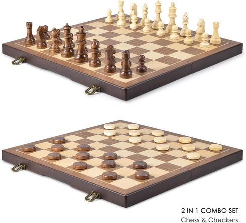 AMEROUS Magnetic Wooden Chess and Checkers Game Set, 15 Inches, 2 Extra Queens, Gift Package