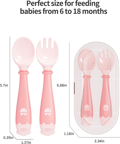 Deejoy Toddler Utensils with Travel Case, Silicone Bendable Handle Baby Spoons and Forks Set for Self Feeding (Pink)