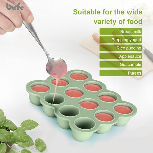 Baby Food Storage Container - 1.5oz x 12 Pods Silicone Freezer Tray with Lid for Homemade Baby Food (Green)