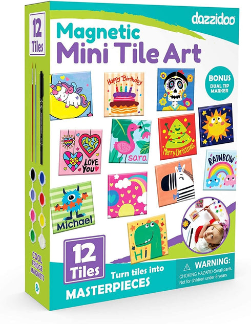 Magnetic Mini Tile Art DIY Craft Kit, Design and Paint Magnet Tiles, Includes 12 Tile Magnets, 8 Paint Colors