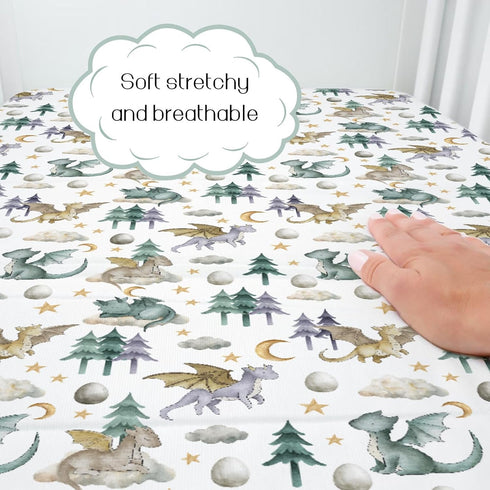 52" 28" HawSkgFub Watercolor Cute Dragon Fairy Tale Fitted Standard Crib Sheet Baby Boy, Cloud Moon Star Dragons Egg