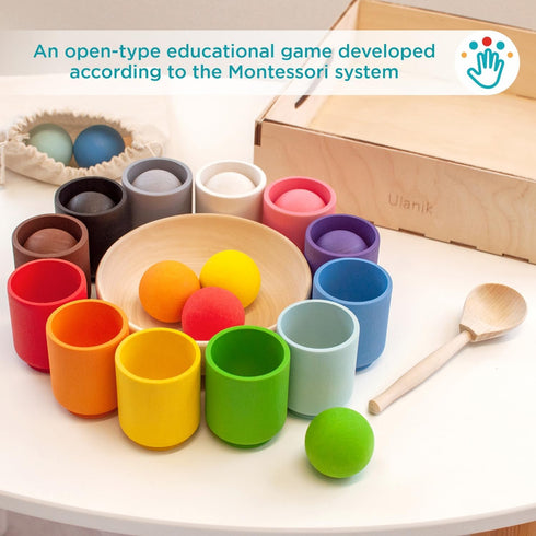 Ulanik Montessori Balls in Cups - Toddler Toys for 1 Year Old, Kids Preschool Wooden Matching Games