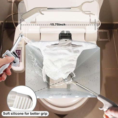 QOOMABA Cloth Diaper Sprayer Splatter Shield with Grabber Reacher Tool - Snap Design for Stability, One-Handed Rinsing