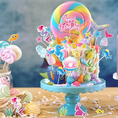 DPKOW 23pcs Iridescent Mermaid Birthday Cake Toppers, Ocean-Themed Cupcake Toppers for Kids Birthdays & Baby Showers