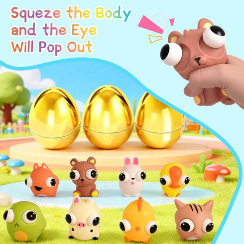 8 Pack Jumbo Golden Easter Eggs Fillers with Popping Eyes Fidget Toys, Squeeze Animals for Stress Relief, Easter Basket