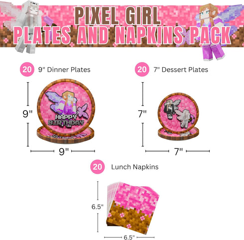 Blue Orchards Pixel Girl Party Plates and Napkins - 60 pieces for 20 Guests, Video Game Birthday Decorations for Girls