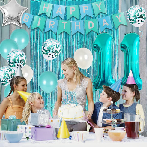 Happy 11th Birthday Decorations for Girls Teal - Teal Fringe Curtain, Turquoise Banner, Number 11 Foil Balloon, Cake