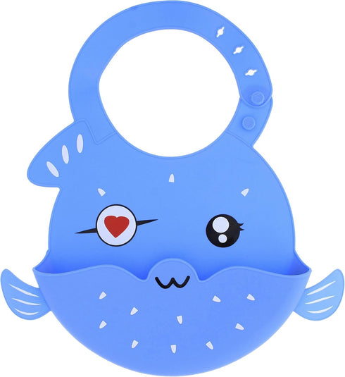 Silicone Bibs with Food Catcher Pocket, Adjustable Blue Fish Feeding Bibs with Trough for Littles