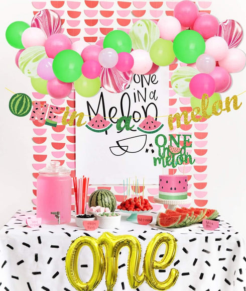 Watermelon First Birthday Party Supplies, One in a Melon Banner, Cake Topper, Balloon Garland Arch for Girl