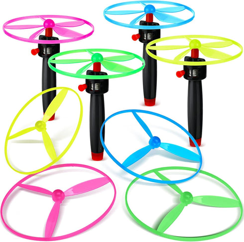 Flying Disc Helicopter Toy Disco Flyers, 12 String Launchers and 24 Flying Discs for Outdoor Fun