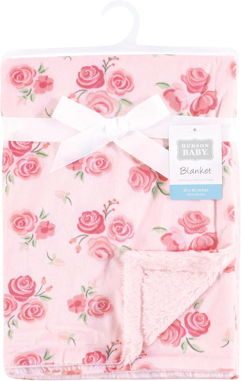 30x40 inches Hudson Baby Blush Rose Plush Blanket with Furry Binding
