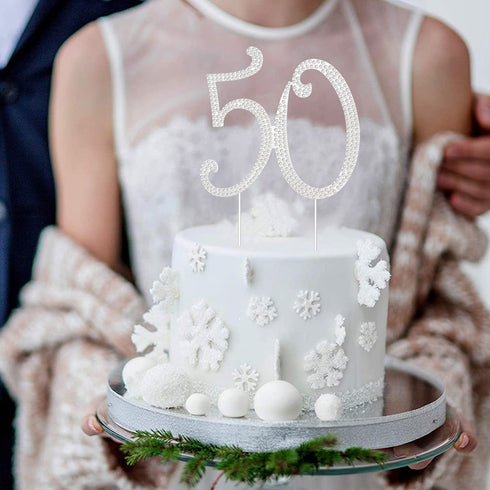 50 Cake Topper 50th Anniversary Birthday Wedding Diamond Cake Decoration for Women, Silver