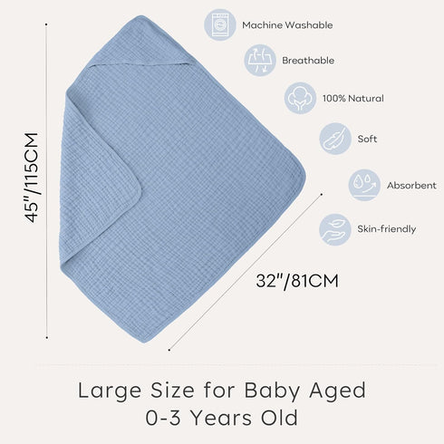 2 Pack 100% 32x32Inch, Looxii Baby Bath Towels Muslin Hooded Baby Towels for Newborn and Infants, Cotton, Large Soft