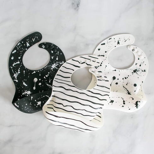 Silicone Baby Bib with Food Catcher - Adjustable Waterproof Feeding Bib for 4-36 Months, Paint Splatter on Black