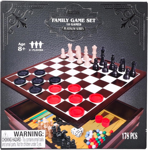 Elbow Set, 10 2+ Room Games Family Game Classic Games with Wooden Storage Box and Built-in Game Boards, Endless Fun