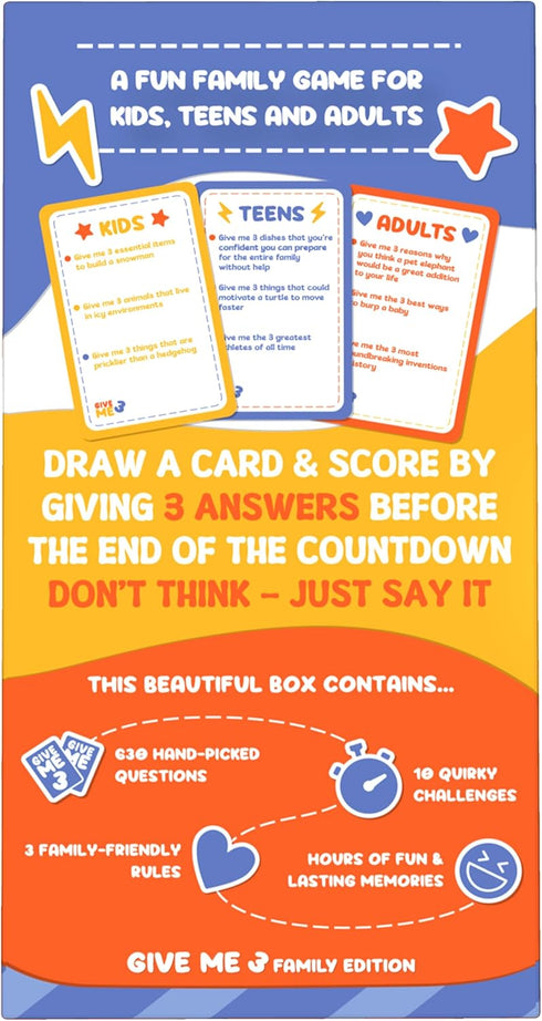 GIVE ME 3 Family Game, Fast Paced Hilarious Party Game, 10 Second Rule for Kids, Teens, and Adults