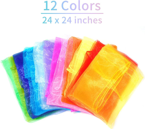12pcs Square Juggling Silk Dance Scarves, 24 Inches Magic Tricks Performance Props Accessories in 12 Colors
