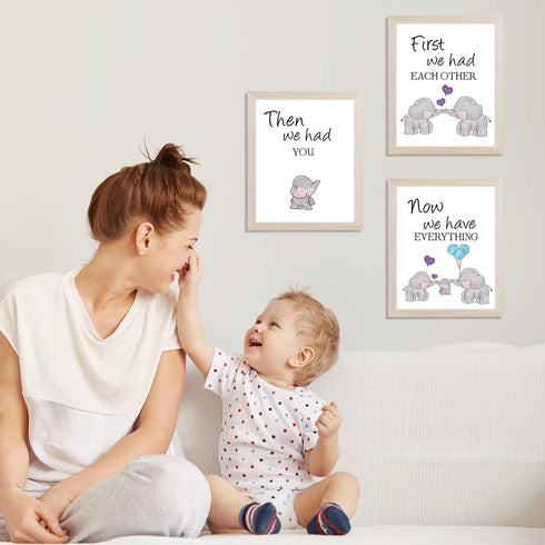 KAIRNE Watercolor Elephant Family Framed Canvas Wall Art ,First We Had Each Other Quote Art Print,Nursery Animal Love