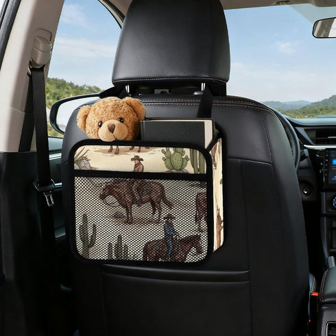 PPIKTC Spacious Hanging Auto Seat Organizer with Ventilated Mesh Pockets for Wet Wipes and Baby Supplies, Cowboy Cow