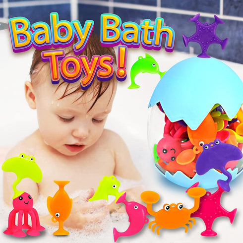 Suction Bath Toys for Kids, 18 Pcs Silicone Ocean Animal Suction Cup Toys with Eggshell & Bag for Toddlers