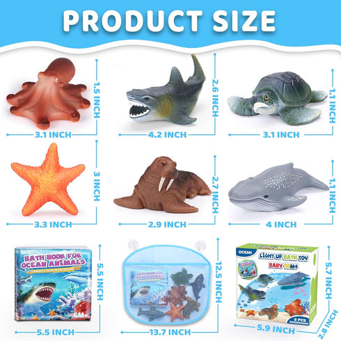6 Pack Light Up Bath Toys & Magic Bath Book & Storage Bag for Toddler, No Hole Floating Ocean Animal with LED Flashing