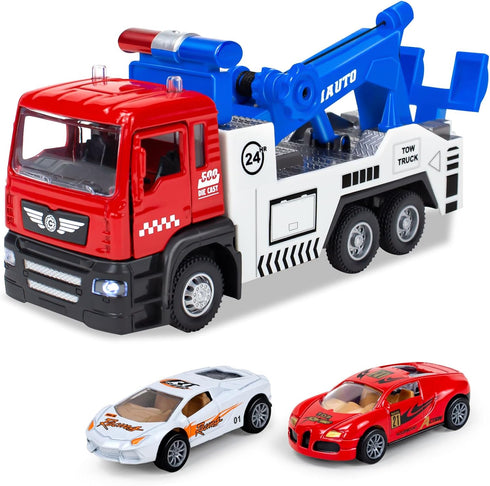Tow Truck Toys with 2 Mini Toy Cars Set - Pull Back Truck Vehicles with Lights and Sound for Boys 3-9 Years Old