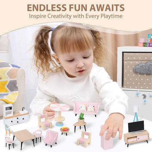 Set, 7 3 Set Set, Pithfor Wooden Dollhouse Furniture Dollhouse Accessories and Furniture, with Rooms Dolls, Includes