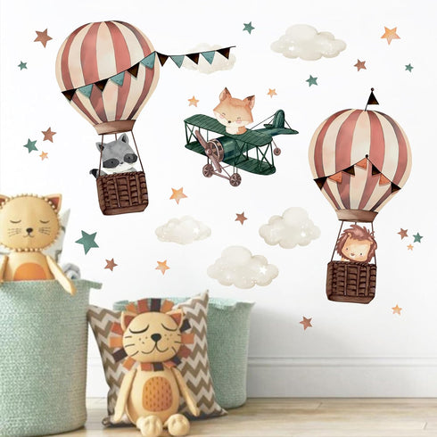 Yovkky Hot Air Balloon Airplane Wall Decals Stickers, Cute Animals Aircraft Lion Fox Raccoon Cloud Stars Neutral