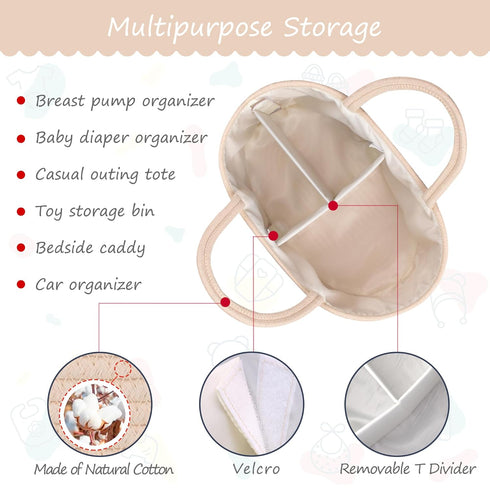 COMSE Large Baby Diaper Caddy Organizer for Girl Boy, Car Caddy with Handles, Cotton Rope Basket for Changing Table