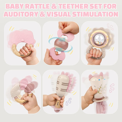 0-6 3-6 6-12 10PCS Baby Toys Months, Baby Rattles, Teething Toys Months, Infant Toys Months, Pink Sensory Rattles