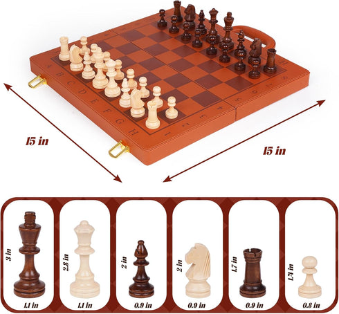 GenJuw 15 Inch Set 2 Magnetic Chess with Leather Chess Board & Handle Portable Travel Chess Game with Wooden Pieces