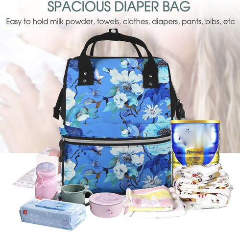 OUSIKA Backpack Daypacks Blue Floral Print Diaper Bag Multifunction Laptop Travel Large Nappy Bag, Black, One Size