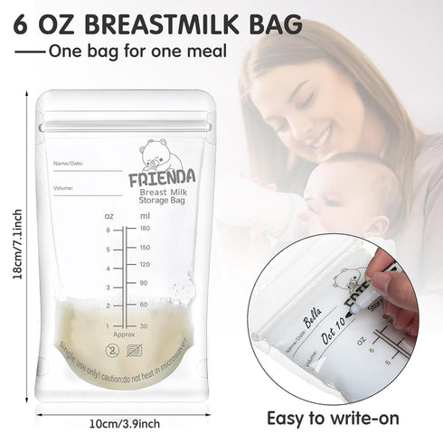 500 Count 6 oz Frienda Breastmilk Storage Bags Breast Milk Bags for Freezing Self Standing Breast Milk Storing Bags