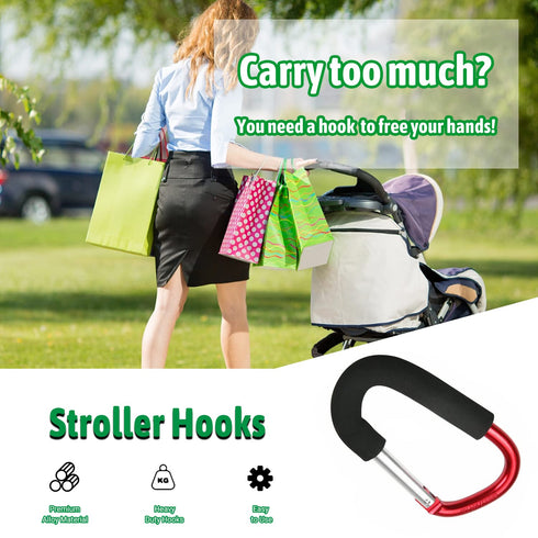 Yinpecly 3Pcs Stroller Hooks, 5.51 inch Large Organizer Hook Bag Clips for Mommy, Grocery or Diaper Bags, Red