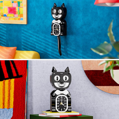 Set,Cat 12+ JAKI Black Cat Swing Clock Building Blocks Clock with Moving Eyes and Tail, Battery Operated Wall