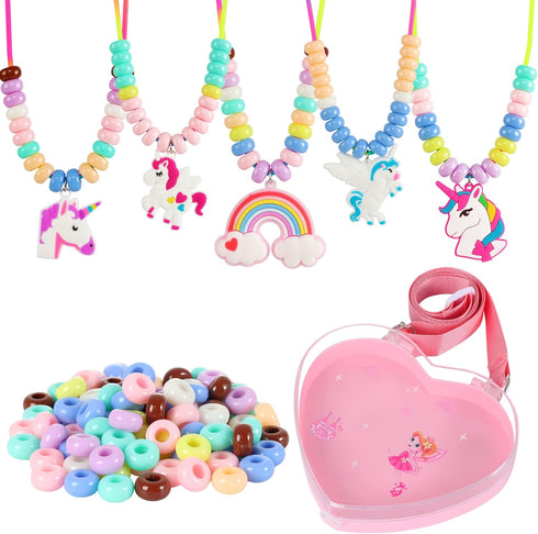 FLYINGSEEDS Unicorn Jewelry Making Kit with 5 Rubber Necklaces, 100 Big Holes Beads Toy Set