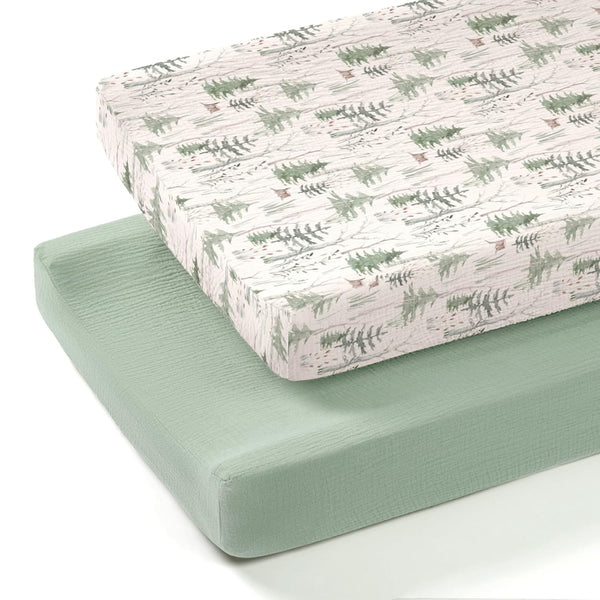 lulumoon Muslin Changing Pad Cover: 2-Pack Soft Breathable Cotton Boho Forest Print