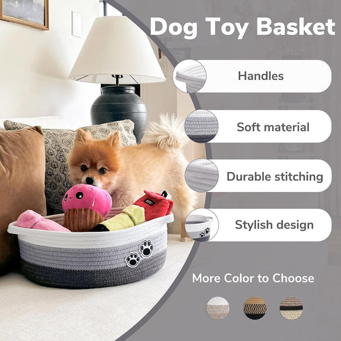 Small Dog Toy Basket, Cute Woven Basket for Shelves, Decorative Rope Storage Basket for Nursery, Baby Gift Basket for Diapers, 12 x 8 x 5 inches