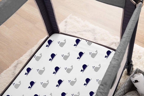 American Baby Company 2 Pack 100% Natural Cotton Fitted Pack and Play Sheets, 39" x 27", Navy Whale/Grey Zigzag