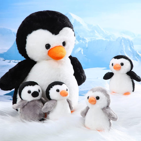 5 Set 14 Inch Mommy 4 Pcs Stuffed Animal Penguin Plush Toy Penguin Stuffed Animal with Cute Babies in Zippered Belly
