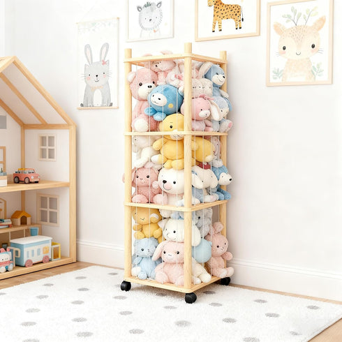 Stuffed Animal Zoo Storage - Sturdy Solid Wood Toy Organizer with Lockable Wheels, Easy-Assemble/Clean, Large Capacity