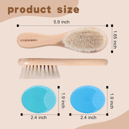 Set,3 in1 Kit,1 Pack 2 SAMEBUTECO Baby Hair Brush Goat Hair Bristles Brush Pieces Silicone Cradle Cap Brushes Wood