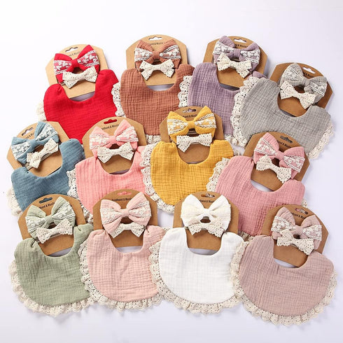 Muslin Baby Bibs Drool Teething Bibs Headband Set, 4-Layer Organic Cotton Lace Waterproof