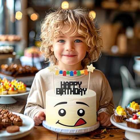 Building Blocks Cake Topper, 3D Print Character Face Design Star Flag Banners Bunting Banner Party Supplies for Boys